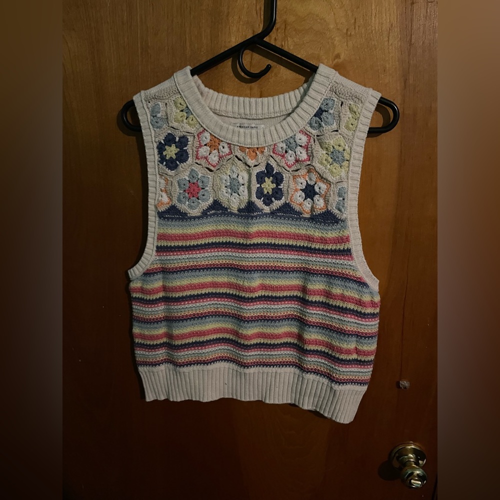 Women’s Cream Cropped Knit Sleeveless Sweater Vest with Multicolor Stripes